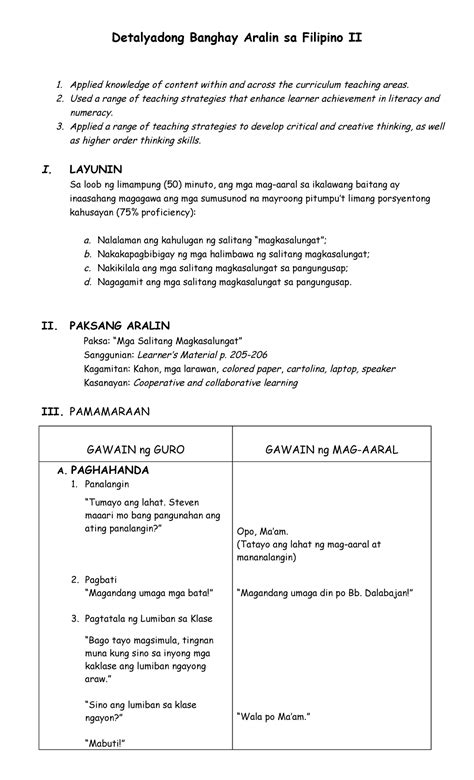 Naiintindihan ang kahulugan ng Pangatnig B. . Detalyadong banghay aralin sa filipino pdf